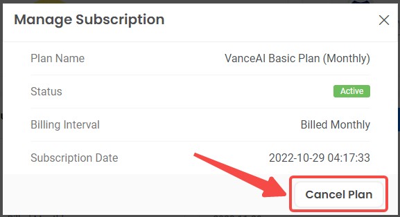 Click the Cancel Plan button in the lower right corner of the pop-up