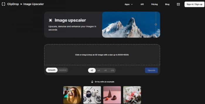 page of ClipDrop Image Upscaler