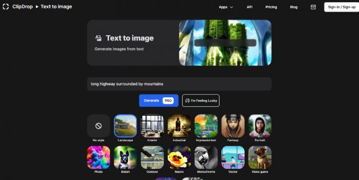 page of ClipDrop Text to Image