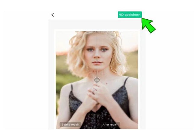 Foto einer Frau mit hellblonden Locken und schwarzem Spitzenkleid vor und nach dem unscharfes Bild scharf machen