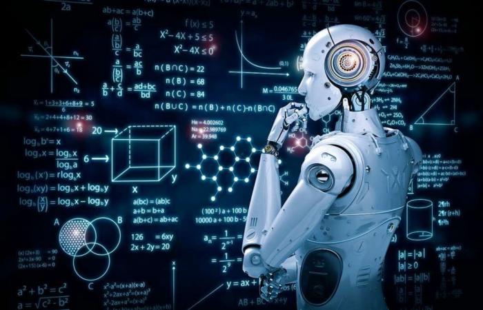 Bild eines Roboters der vor einer Tafel mit mathematischen Formeln steht und nachdenkt