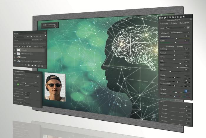 Bild eines Computerdisplays auf dem verschiedene Programme und die Silhouette eines Kopfs angezeigt werden