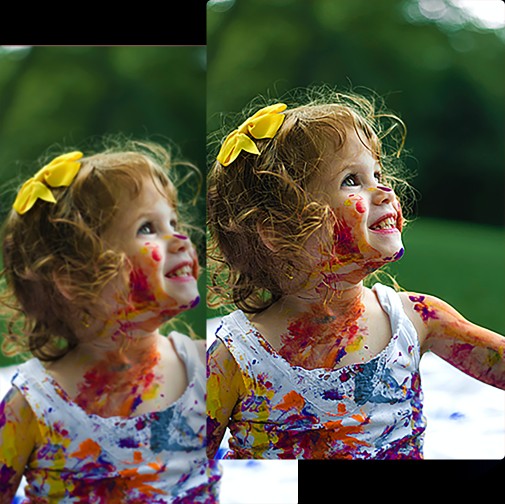 Bild eines kleinen Mädchens mit Kinderschminke im Gesicht vor und nach der Bearbeitung mit VanceAI Image Sharpener