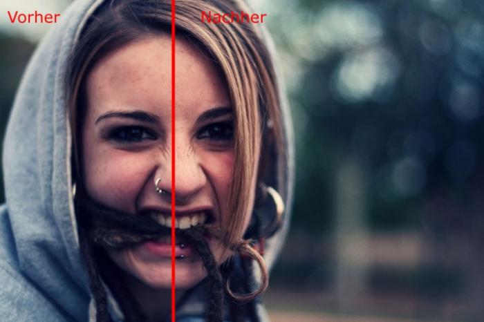 Bild eines wütend aussehenden Mädchens mit Kapuzenpulli vor und nach der Schärfung durch Gimp