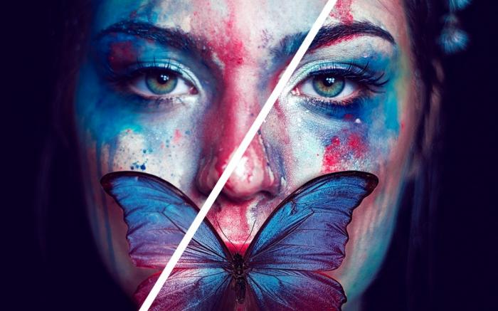 Bild einer Frau mit roter und blauer Farbe im Gesicht und Schmetterling auf dem Mund – vor und nach der Bildbearbeitung