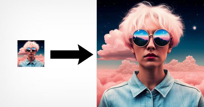Bild einer Frau mit kürzen rosa Haaren und Sonnenbrille vor und nach der Bildvergrößerung