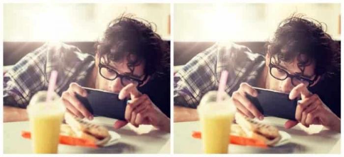 Bild eines Mannes mit Brille der sein Essen und Getränk fotografiert vor und nach der Bearbeitung