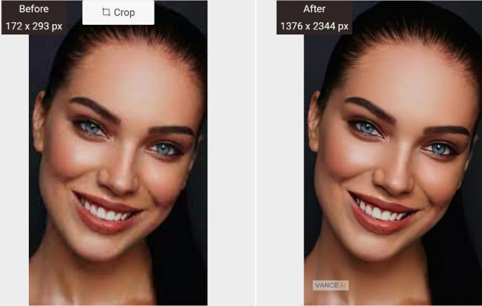 Bild einer jungen Frau mit blauen Augen vor und nach der Bearbeitung mit dem VanceAI Image Upscaler