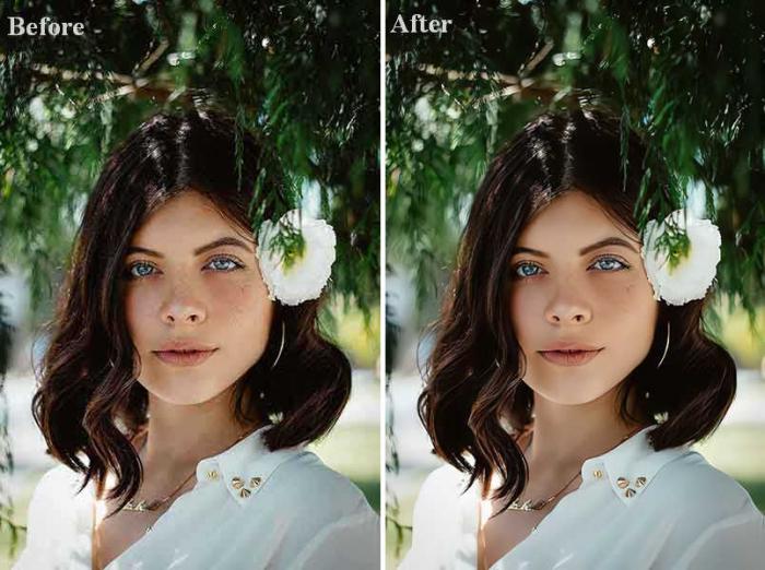 Bild einer jungen Frau mit Blume im Haar vor und nach der Hochskalierung mit AI