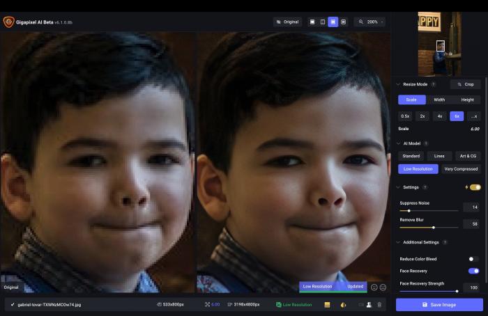Bild eines kleinen Jungen das mit Gigapixel AI vergrößert wurde