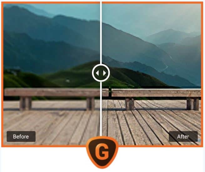Bild einer Holzterrasse mit Blick über die Berge vor und nach der Bildbearbeitung mit Gigapixel AI