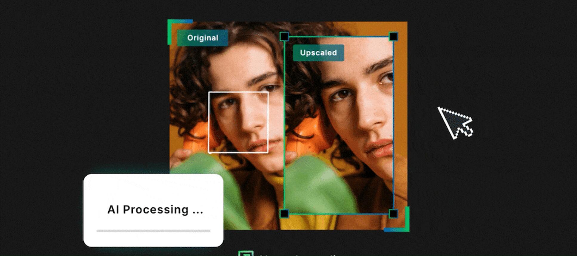 Bild eines jungen Mannes mit braunen Locken vor und nach dem AI-Upscaling mit upscale.media