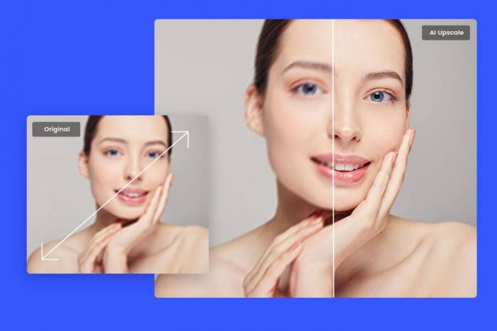 Bild einer Frau mit heller Haut und blauen Augen vor und nach dem AI-Upscaling