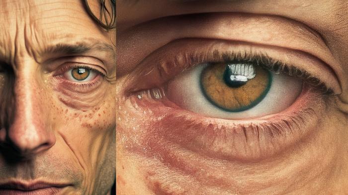 Bild eines Mannes mit Falten und Hautflecken und sein durch AI vergrößertes Auge