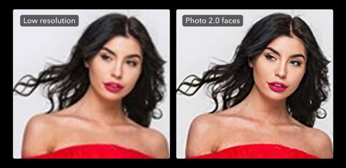 Bild einer Frau mit dunklen Haaren und roten Lippen und Kleid vor und nach der Bearbeitung mit Let´s Enhance