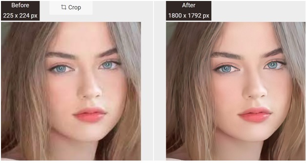 Bild einer jungen Frau mit dunkelblonden Haaren und blauen Augen vor und nach der Bearbeitung mit dem VanceAI Image Upscaler