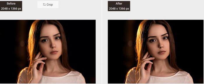 eine junge Frau mit langen dunklen Haaren vor schwarzen Hintergrund vor und nach der Schärfung durch den VanceAI Image Sharpener