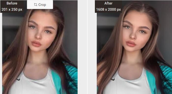 Bild einer jungen Frau mit langen braunen Haaren vor und nach der Bildvergrößerung mit dem VanceAI Image Upscaler