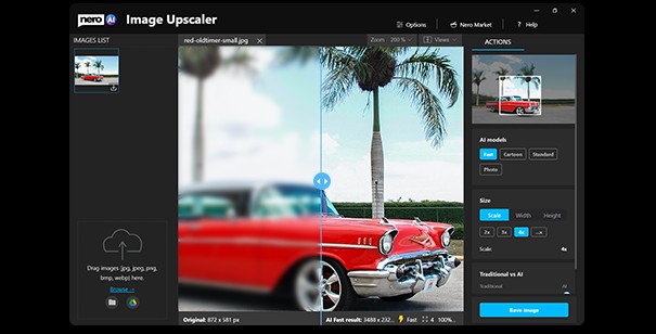 Bearbeitungsoberfläche von Nero AI Image Upscaler