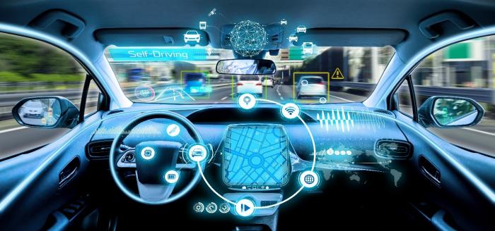 Bild im Inneren eines Autos mit der Darstellung verschiedener Techniken für das Autonome Fahren