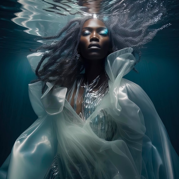 Modefotografie eines Modells unter Wasser in einem transparentem Kleid