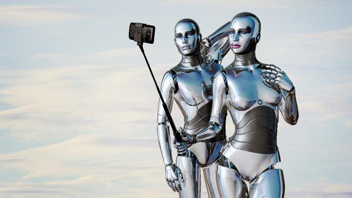 Bild von zwei menschlich aussehenden Robotern, die ein Selfie von sich machen