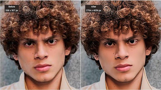 Bild einer Mannes mit braunen, lockigen Haaren vor und nach der Vergrößerung mit VanceAI Image Upscaler