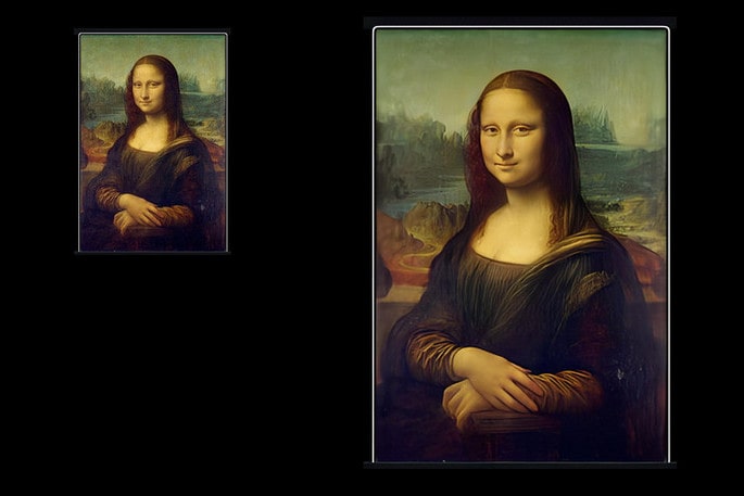 Die Mona Lisa vor und nach der Hochskalierung durch AI-Upscaling