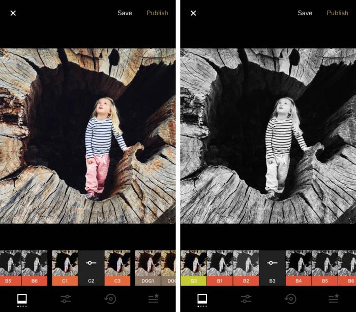 Benutzeroberfläche von VSCO zum Bearbeiten von Fotos und Bildern