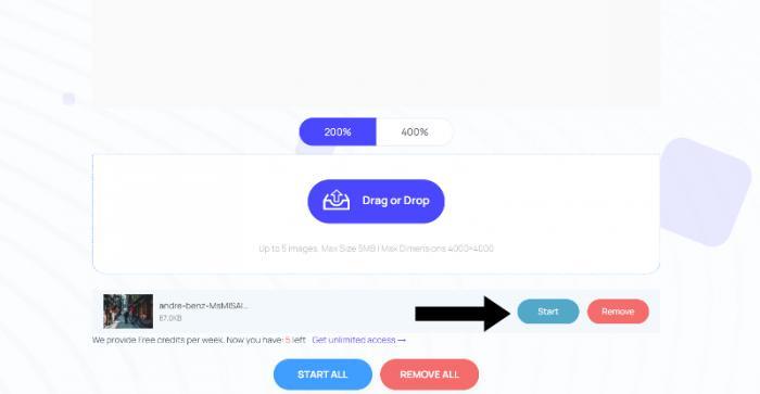 die Benutzeroberfläche von Img.Upscaler mit einem Pfeil der auf den Button „Start“ zeigt