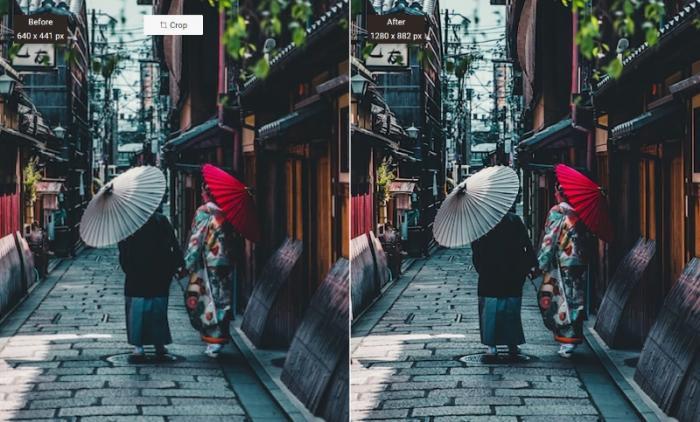 ein Bild einer japanischen Gasse mit zwei Frauen vor und nach der Nutzung des Upscale Image Tools