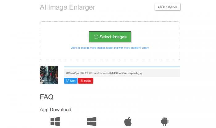 die Nutzeroberfläche von AI Image Enlarger nach dem Hochladen des Bilds