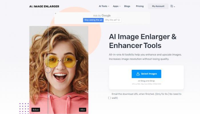 die Benutzeroberfläche von AI Image Enlarger  zum Bild hochladen und vergrößern