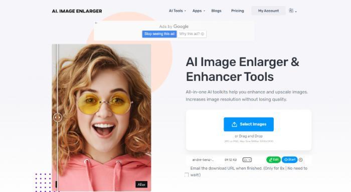 die Benutzeroberfläche von AI Image Enlarger zum Bild nachdem das Bild hochgeladen wurde