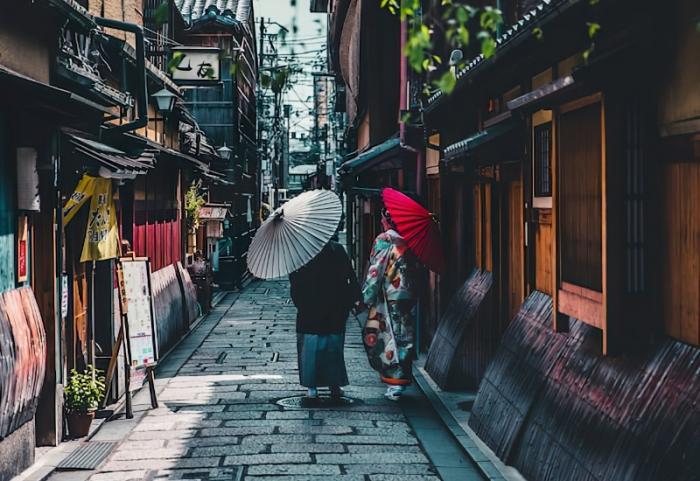 eine japanische Gasse, in der zwei Frauen in traditioneller japanischer Kleidung und mit Schirmen herunterlaufen