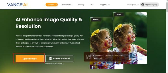 die Startseite der VanceAI Photo Enhancer Website mit dem Button „Upload Image“ markiert