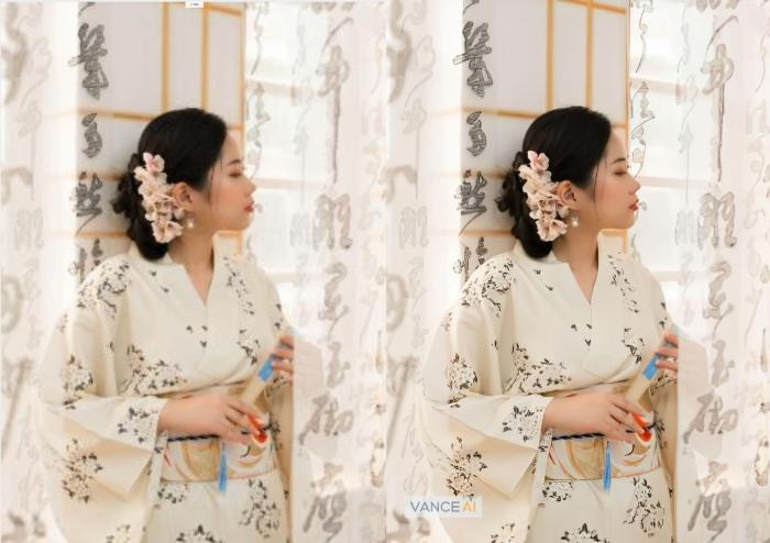das Bild einer Frau in traditionellem Gewand vor und nach der Bearbeitung durch den Photo Enhancer