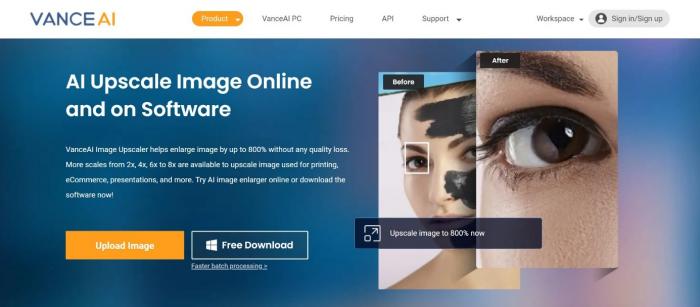 die Startseite der VanceAI Image Upscaler Seite