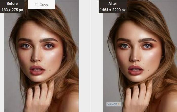 Bild einer jungen Frau mit langen braunen Haaren vor und nach der Bildvergrößerung mit dem VanceAI Image Upscaler