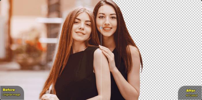zwei junge Frauen mit langen glatten Haaren vor und nach der Hintergrundentfernung mit dem VanceAI Background Remover