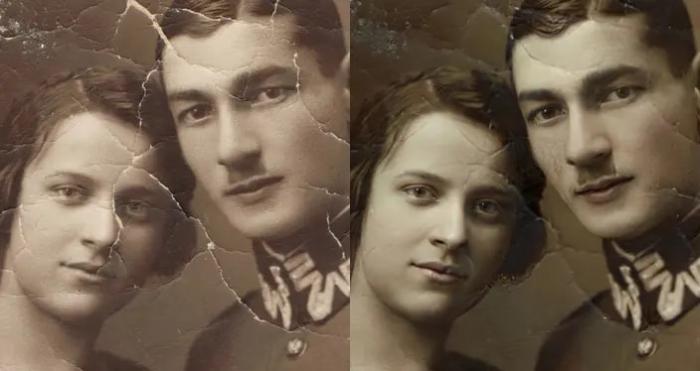 ein altes schwarzweiß Bild mit Rissen vor und nach der Nutzung des VanceAI Photo Restorer