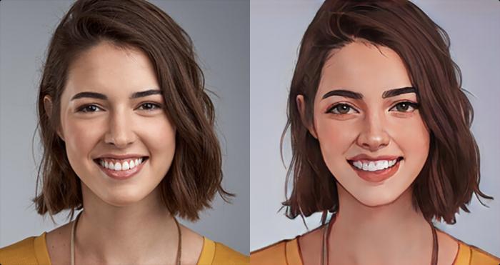 ein Bild einer jungen Frau mit welligem Haar vor und nach der Bearbeitung durch den VanceAI Image Cartoonizer
