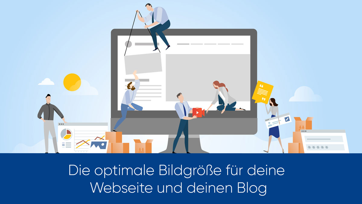 Grafik im Cartoon Stil mit verschiedenen Menschen die in einem Computer eine Website kreieren