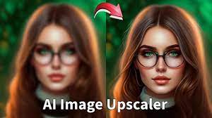 Bild einer mit AI kreierten Frau mit Brille vor und nach der Bildoptimierung mit Bigjpg