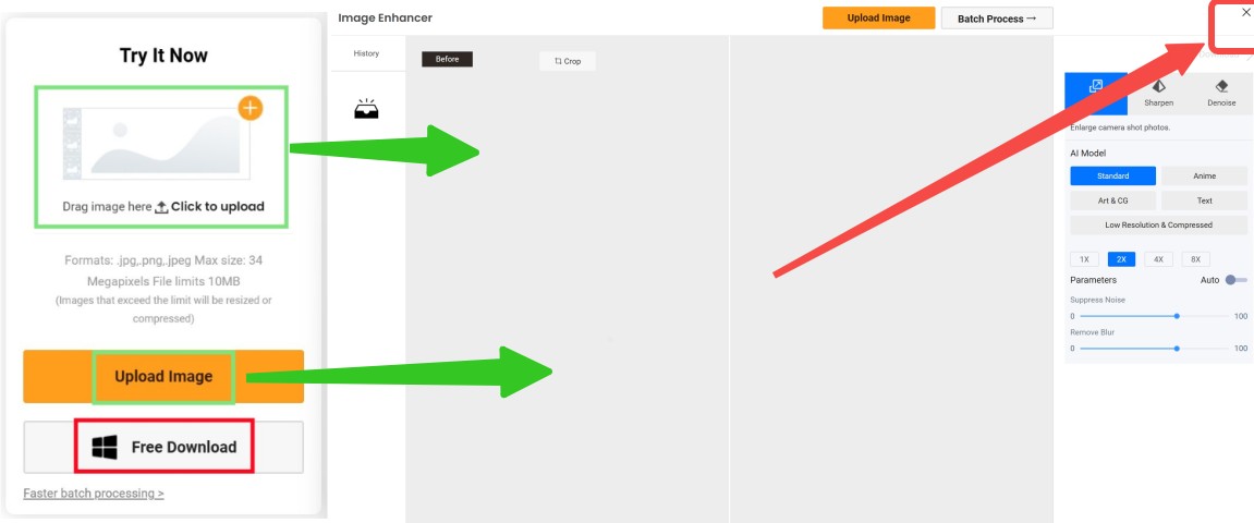 VanceAI Image Upscaler Benutzeroberfläche