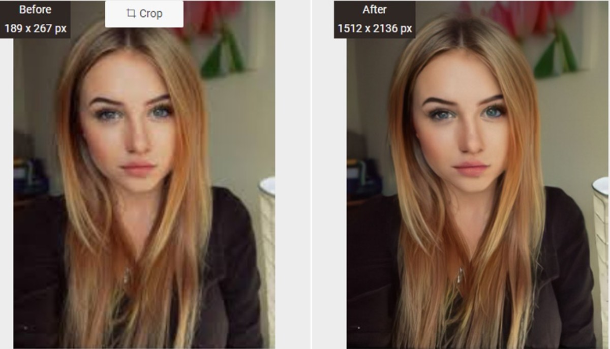 eine junge Frau mit langen glatten dunkelblonden Haaren vor und nach der Bearbeitung mit dem VanceAI Image Upscaler