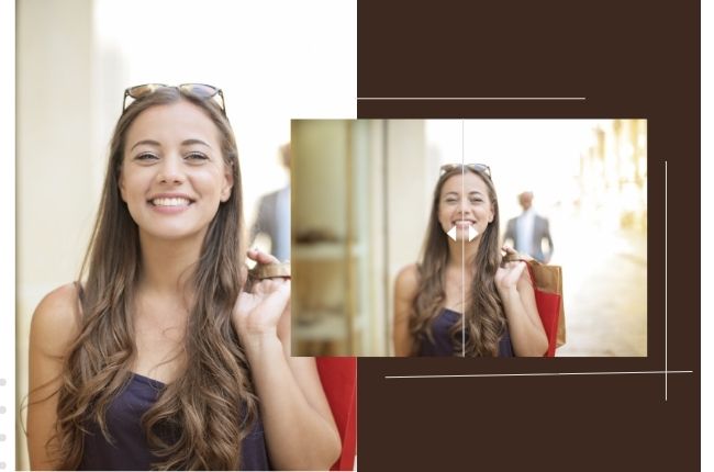 eine junge Frau mit langen braunen Haaren mit Sonnenbrille vor und nach der Bearbeitung mit dem VanceAI Image Sharpener