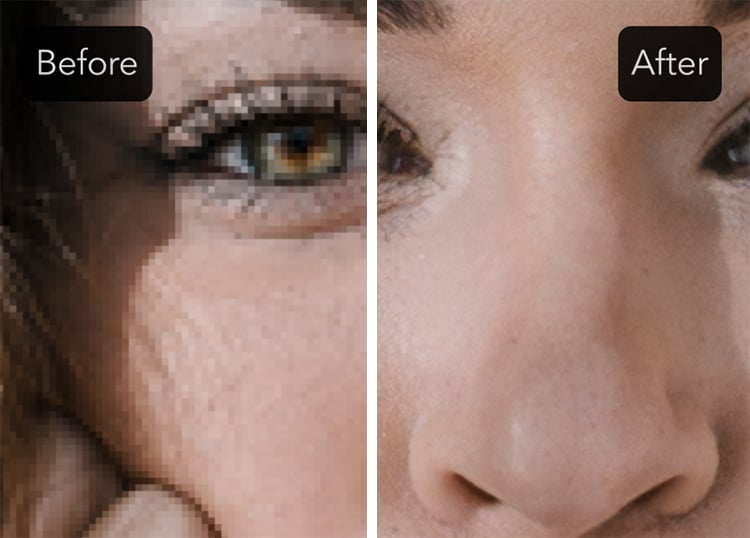 Nahaufnahme eines weiblichen Gesichts vor und nach der Bildverbesserung
