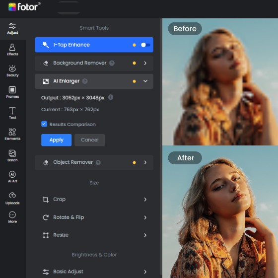 Benutzerobfläche vom Fotor Photo Enhancer Online-Tool