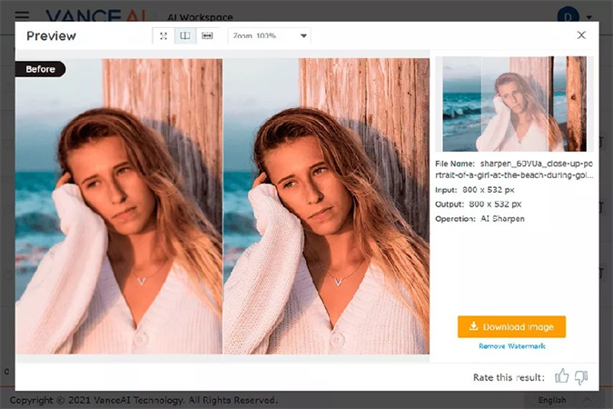 Benutzeroberfläche vom VanceAI Photo Enhancer Online-Tool